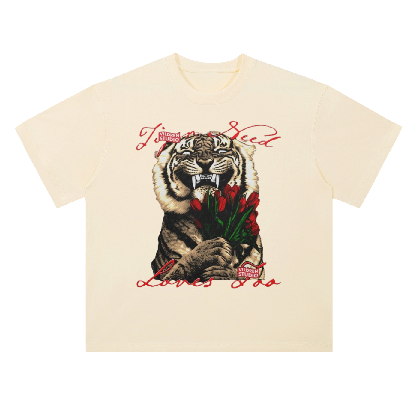 Tiger & Roses Graphic Tee — "True Blood Loves Me" Vintage Rock Shirt- Heavyweight 300 GSM Drop Shoulder Cotton T-Shirt