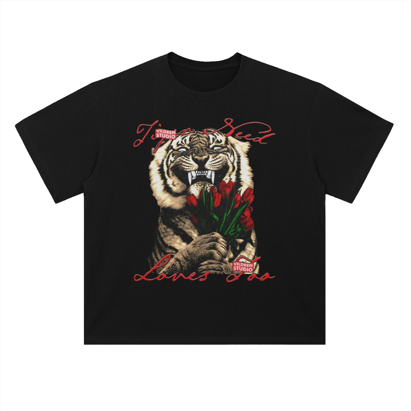 Tiger & Roses Graphic Tee — "True Blood Loves Me" Vintage Rock Shirt- Heavyweight 300 GSM Drop Shoulder Cotton T-Shirt