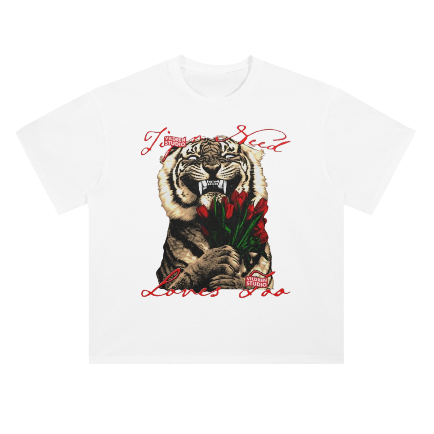 Tiger & Roses Graphic Tee — "True Blood Loves Me" Vintage Rock Shirt- Heavyweight 300 GSM Drop Shoulder Cotton T-Shirt