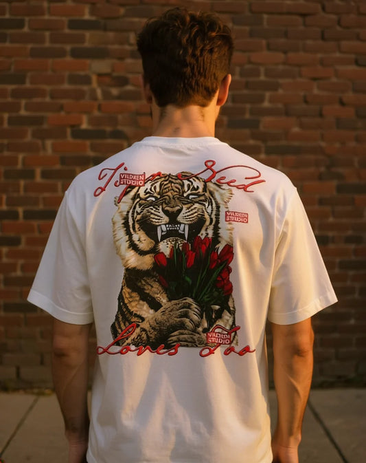 Tiger & Roses Graphic Tee — "True Blood Loves Me" Vintage Rock Shirt- Heavyweight 300 GSM Drop Shoulder Cotton T-Shirt