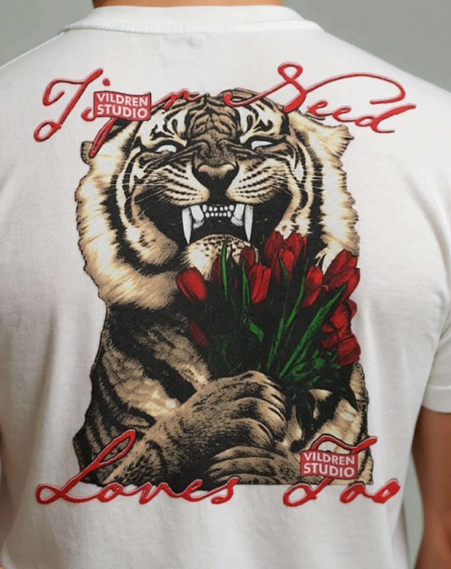 Tiger & Roses Graphic Tee — "True Blood Loves Me" Vintage Rock Shirt- Heavyweight 300 GSM Drop Shoulder Cotton T-Shirt