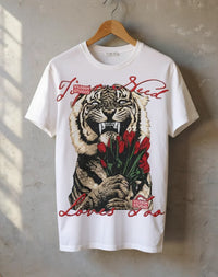 Tiger & Roses Graphic Tee — "True Blood Loves Me" Vintage Rock Shirt- Heavyweight 300 GSM Drop Shoulder Cotton T-Shirt