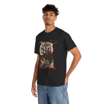 Tiger & Roses Graphic Tee — "True Blood Loves Me" Vintage Rock Shirt- Heavyweight 300 GSM Drop Shoulder Cotton T-Shirt